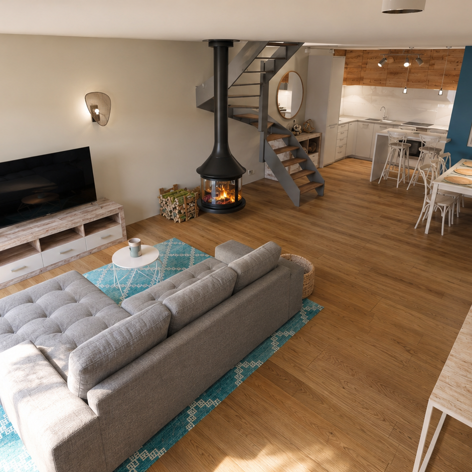 BN Real Estate · Reforma e interiorismo Salón reformado con tonos cálidos, pavimento de madera y chimenea