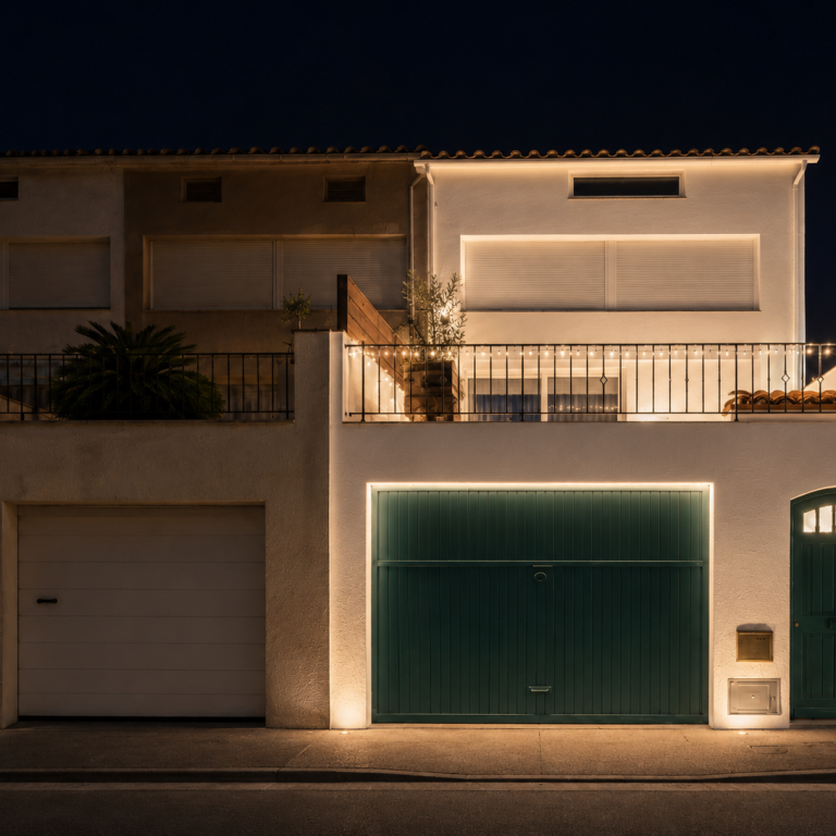 Compra y transformación · BN Real Estate Fachada rehabilitada con iluminación cálida y carpintería verde